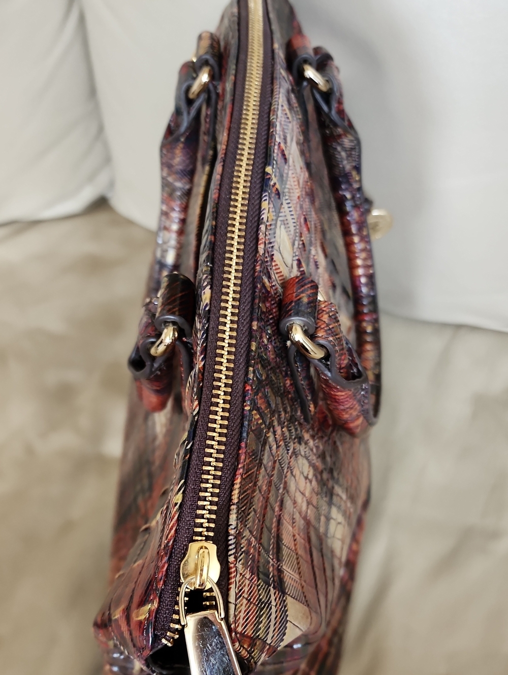 Brahmin Women's Multi-Color Plaid Croc-Embossed Satchel Preowned - Picture 11 of 12